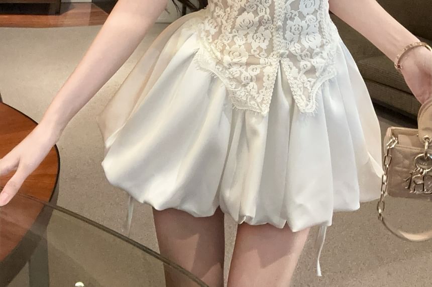 Padded Slit Lace Crop Tube Top and High Waist Bubble Hem Skort