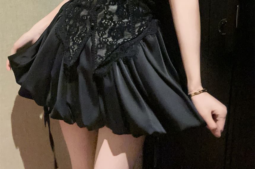 Padded Slit Lace Crop Tube Top and High Waist Bubble Hem Skort