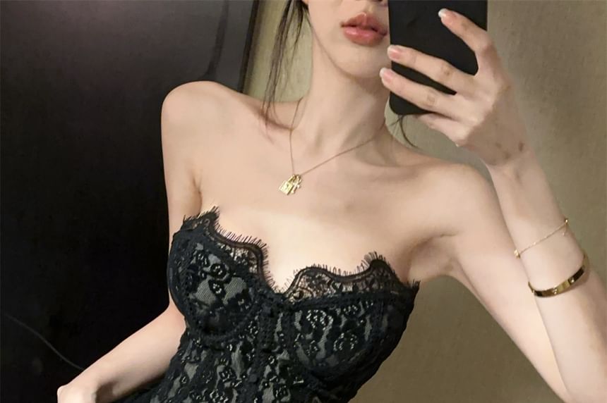Padded Slit Lace Crop Tube Top and High Waist Bubble Hem Skort