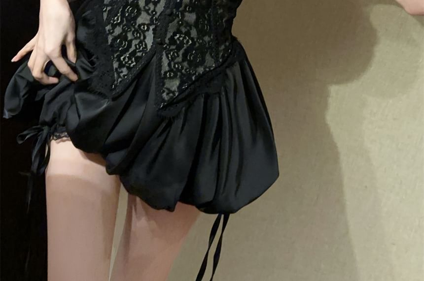 Padded Slit Lace Crop Tube Top and High Waist Bubble Hem Skort