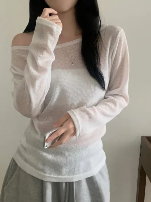 Off-Shoulder Asymmetric-Neck Long-Sleeved Knit Top