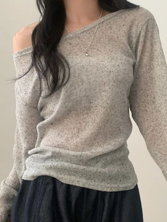 Off-Shoulder Asymmetric-Neck Long-Sleeved Knit Top