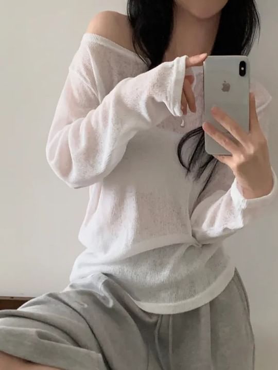 Off-Shoulder Asymmetric-Neck Long-Sleeved Knit Top