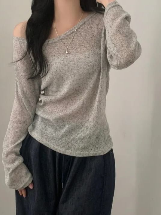 Off-Shoulder Asymmetric-Neck Long-Sleeved Knit Top