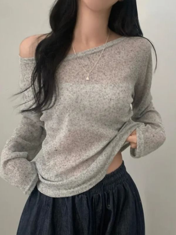 Off-Shoulder Asymmetric-Neck Long-Sleeved Knit Top