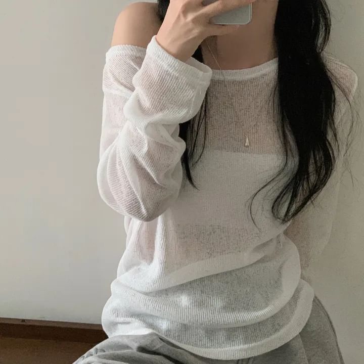 Off-Shoulder Asymmetric-Neck Long-Sleeved Knit Top