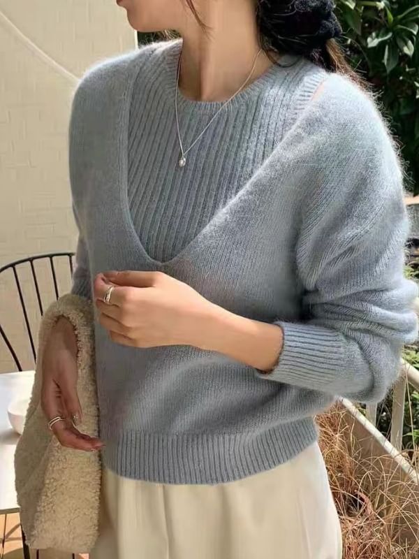 Ribbed Knit Tank & V-Neck Sweater Set