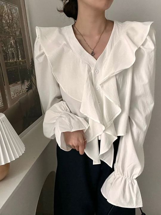 Ruffle-Trim V-Neck Long-Sleeved Solid Blouse