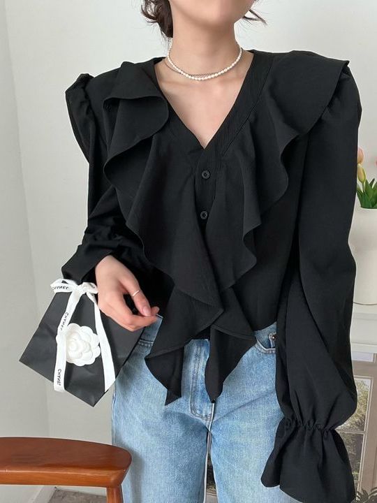 Ruffle-Trim V-Neck Long-Sleeved Solid Blouse