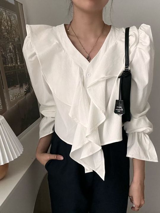 Ruffle-Trim V-Neck Long-Sleeved Solid Blouse