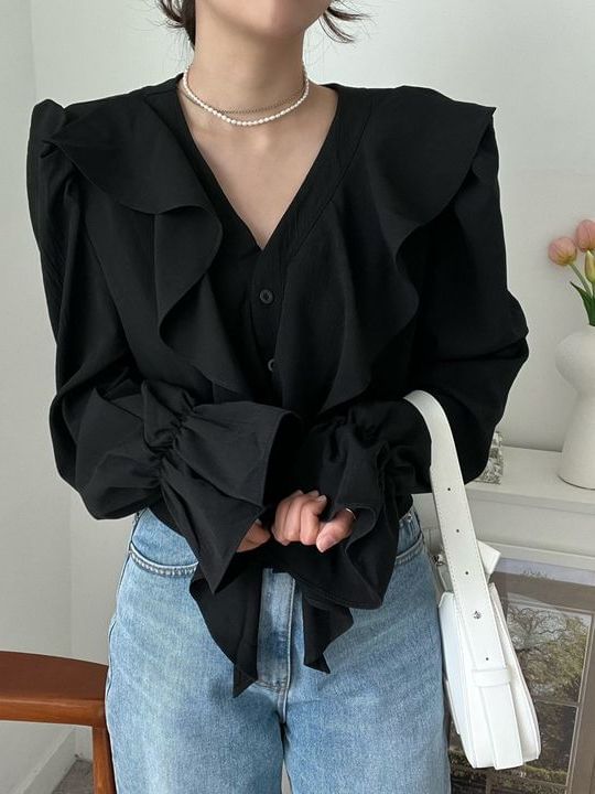 Ruffle-Trim V-Neck Long-Sleeved Solid Blouse
