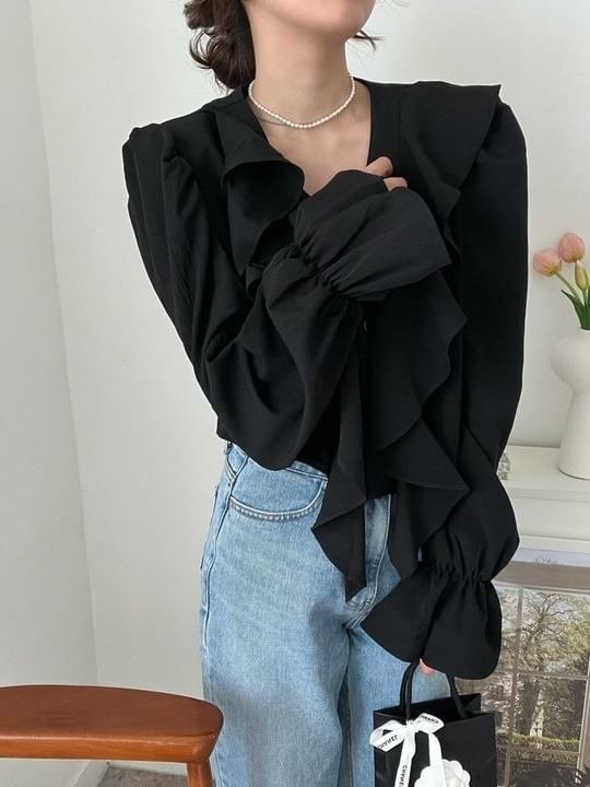 Ruffle-Trim V-Neck Long-Sleeved Solid Blouse