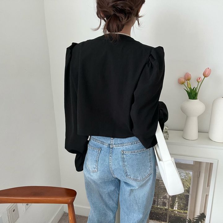 Ruffle-Trim V-Neck Long-Sleeved Solid Blouse