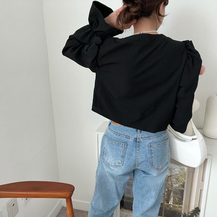 Ruffle-Trim V-Neck Long-Sleeved Solid Blouse
