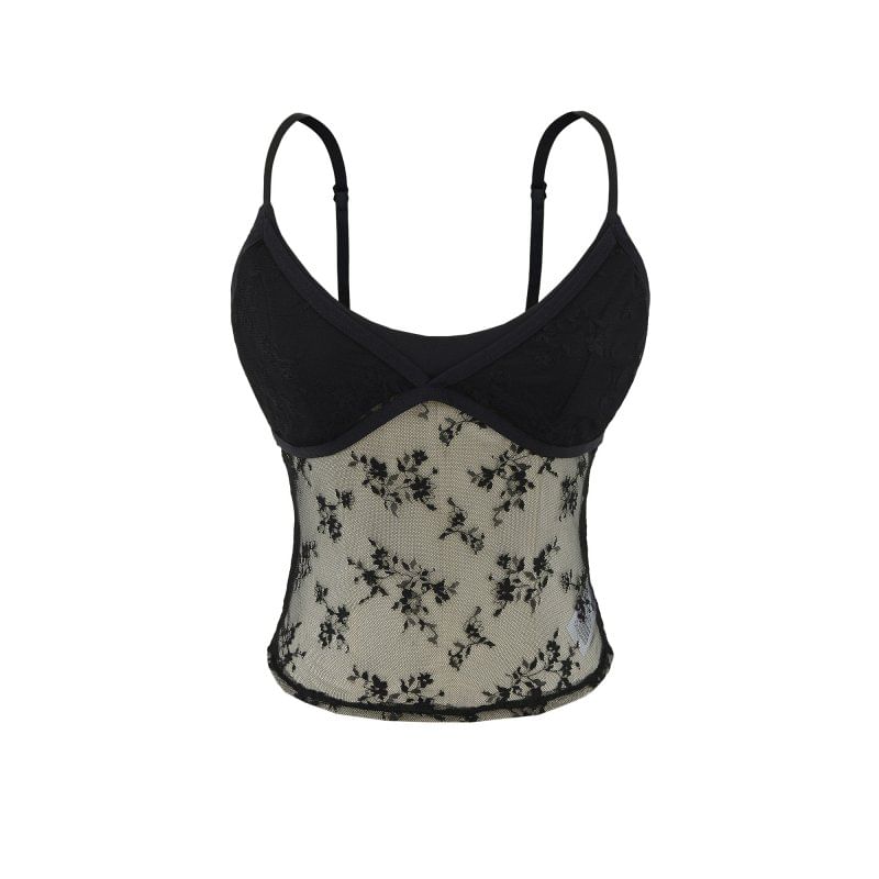 Scoop Neck Sheer Lace Crop Camisole Top