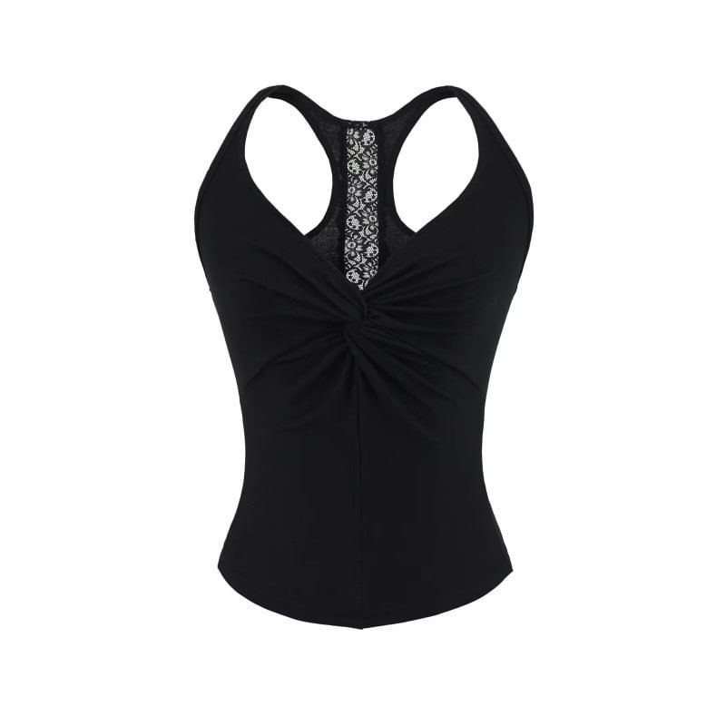 V-Neck Lace Panel Ruched Racerback Crop Tank
