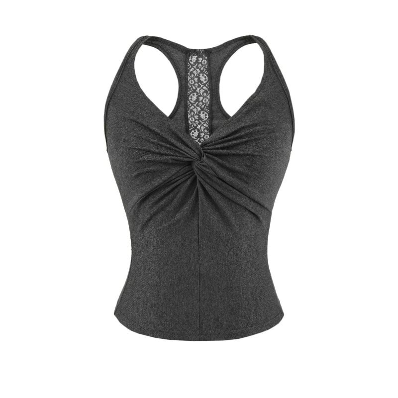 V-Neck Lace Panel Ruched Racerback Crop Tank