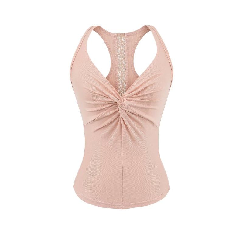 V-Neck Lace Panel Ruched Racerback Crop Tank