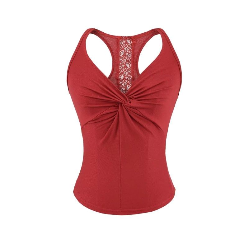 V-Neck Lace Panel Ruched Racerback Crop Tank