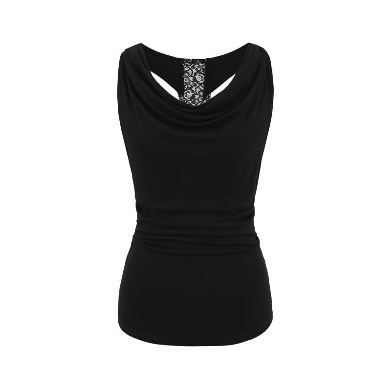 Cowl Neck Lace Panel Ruched Slim Fit Tank Top