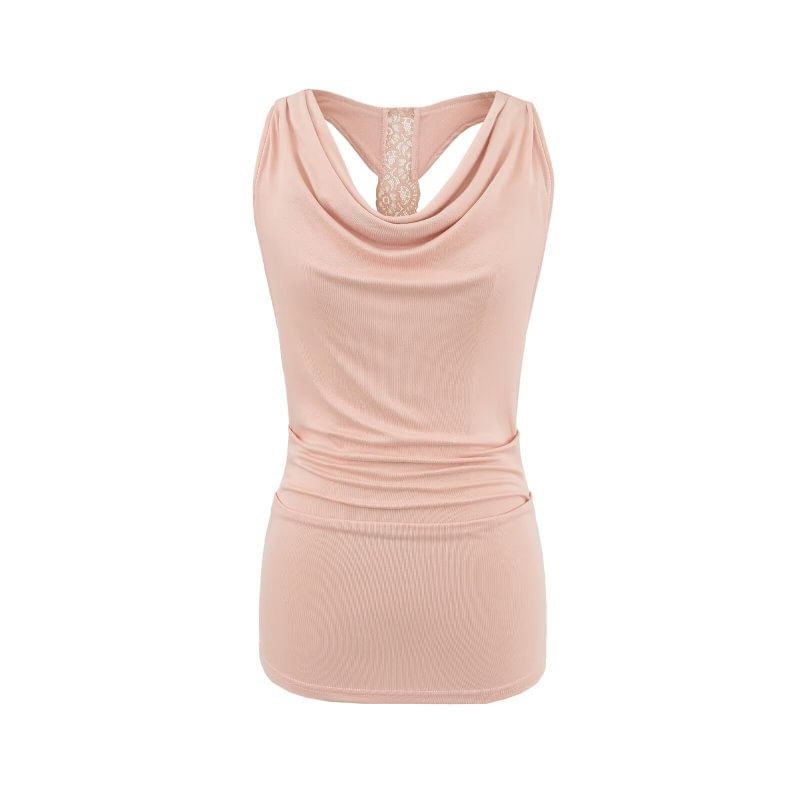 Cowl Neck Lace Panel Ruched Slim Fit Tank Top
