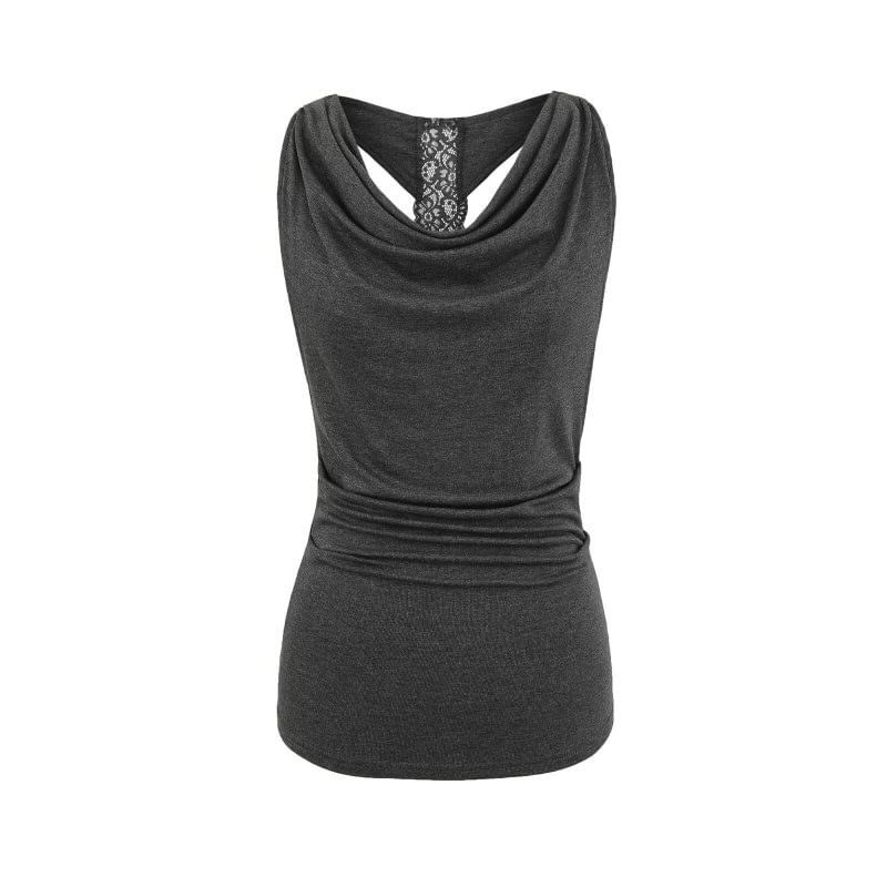 Cowl Neck Lace Panel Ruched Slim Fit Tank Top