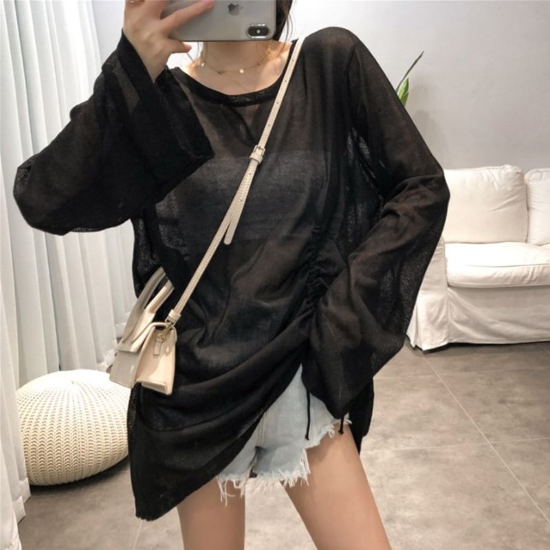 Drawstring Detail Long-Sleeved Basic Tee