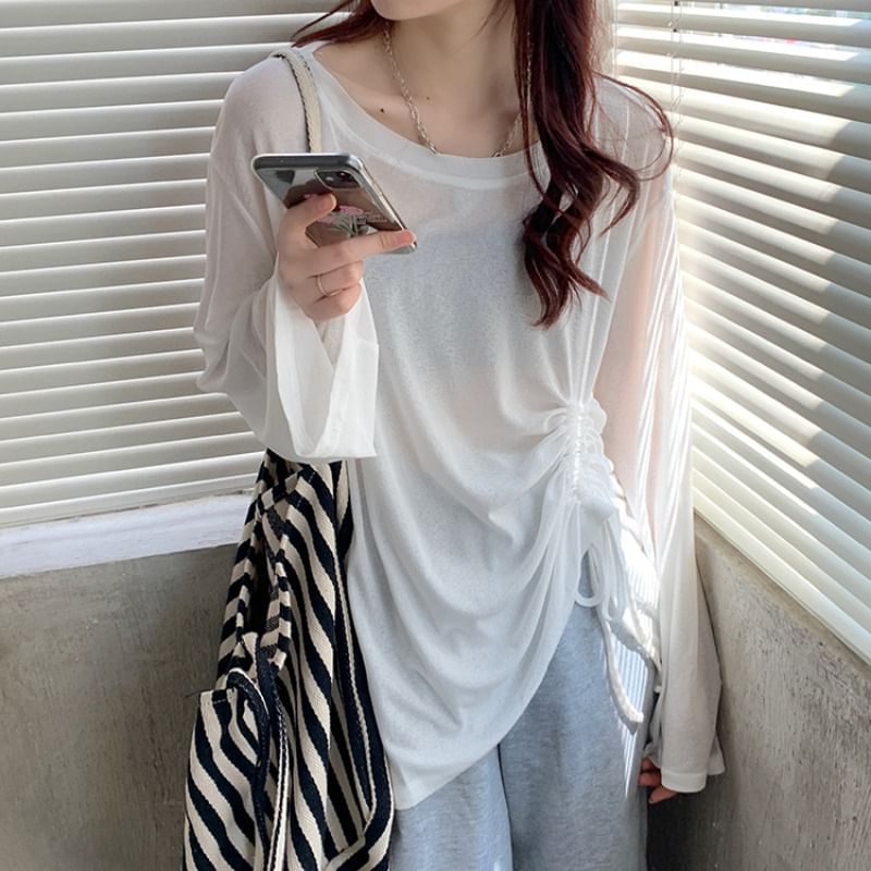 Drawstring Detail Long-Sleeved Basic Tee
