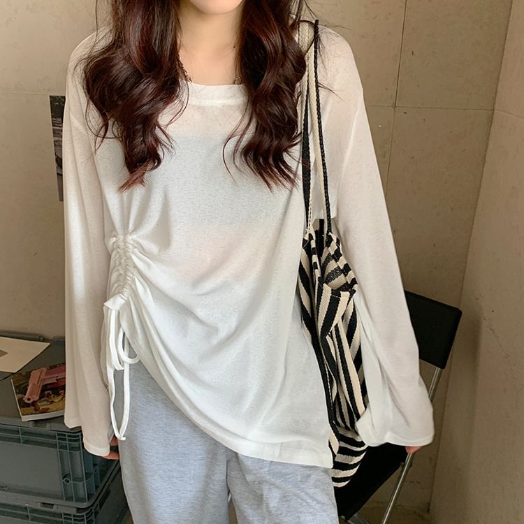 Drawstring Detail Long-Sleeved Basic Tee