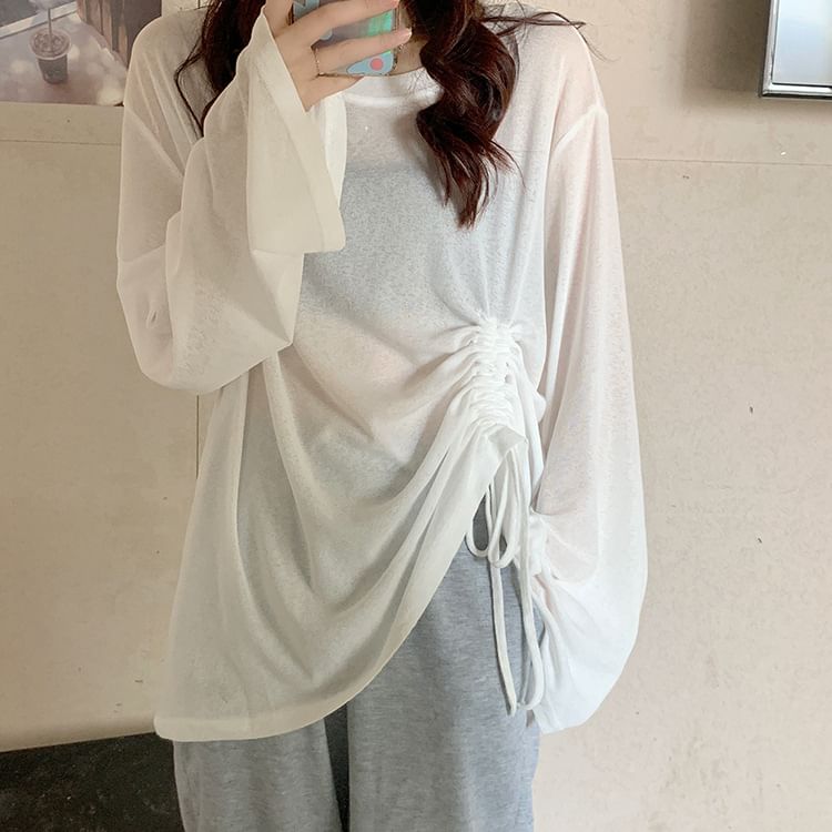 Drawstring Detail Long-Sleeved Basic Tee