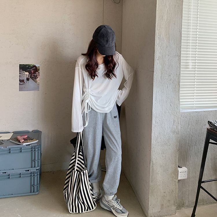 Drawstring Detail Long-Sleeved Basic Tee