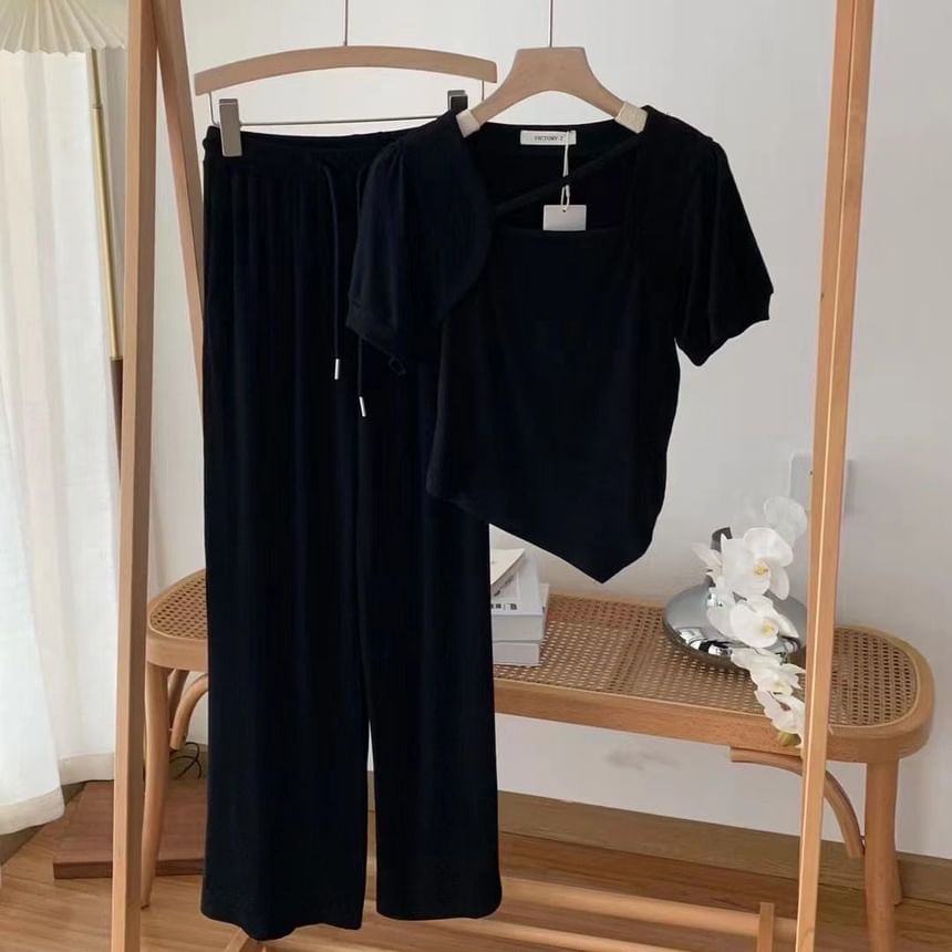 Asymmetric Short-Sleeved Crop Top & Drawstring Sweatpants Set