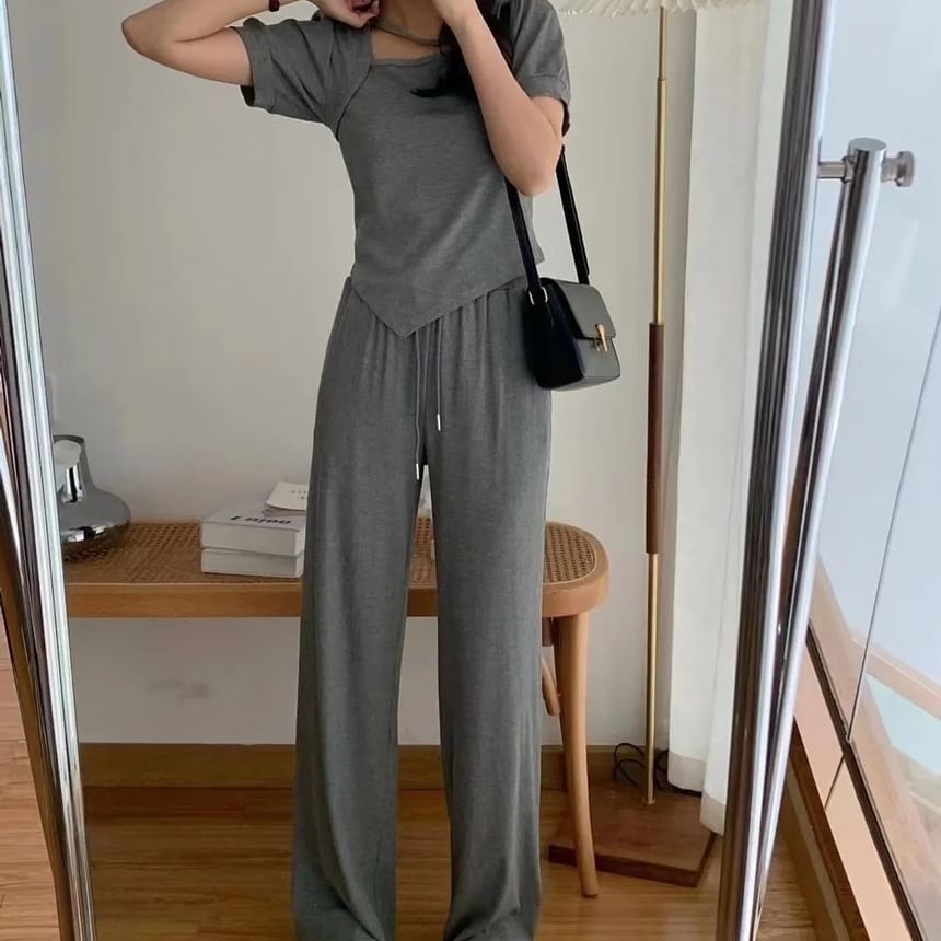 Asymmetric Short-Sleeved Crop Top & Drawstring Sweatpants Set