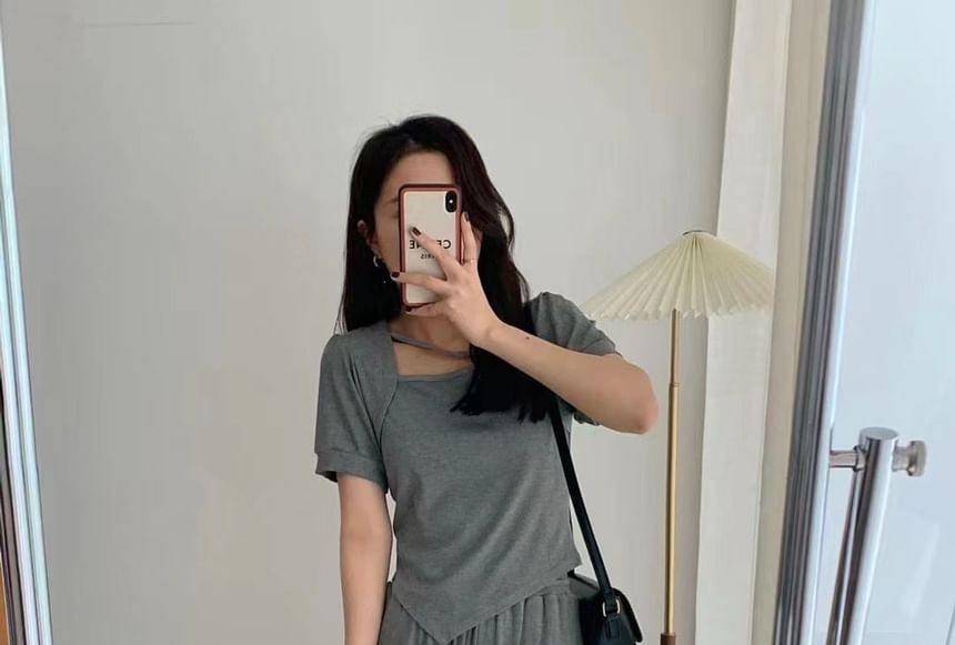 Asymmetric Short-Sleeved Crop Top & Drawstring Sweatpants Set