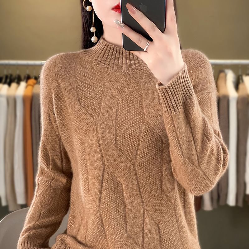 Plain Mock-Neck Knitted Pullover Sweater