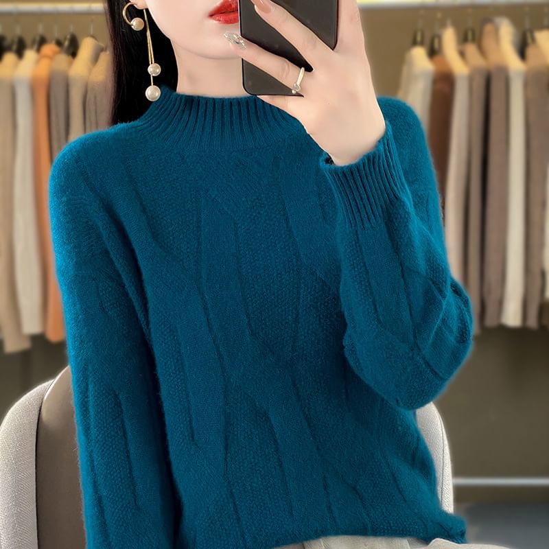 Plain Mock-Neck Knitted Pullover Sweater