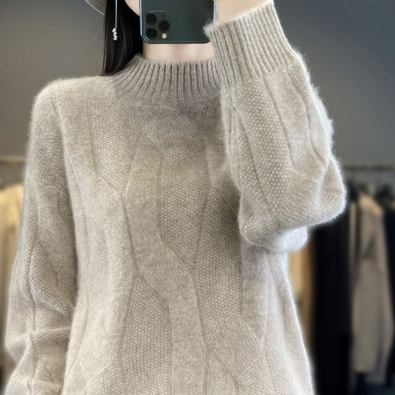 Plain Mock-Neck Knitted Pullover Sweater