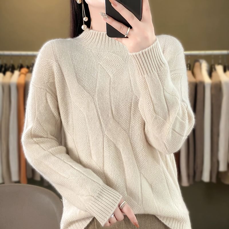 Plain Mock-Neck Knitted Pullover Sweater
