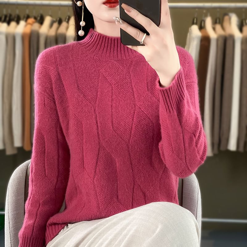 Plain Mock-Neck Knitted Pullover Sweater