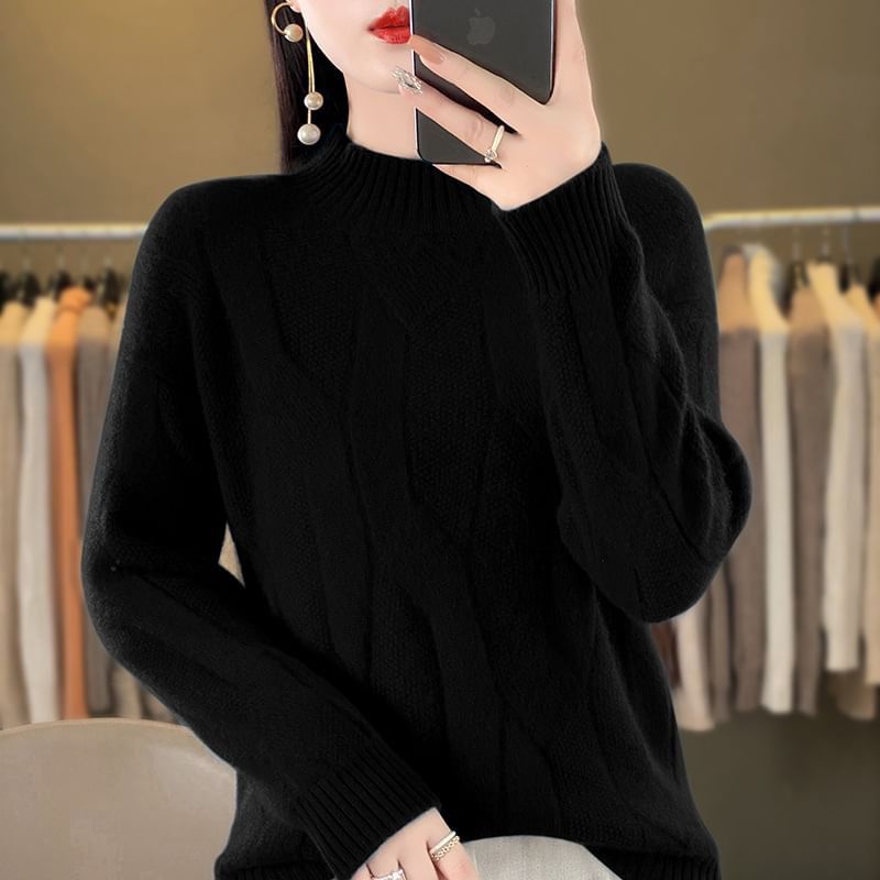 Plain Mock-Neck Knitted Pullover Sweater
