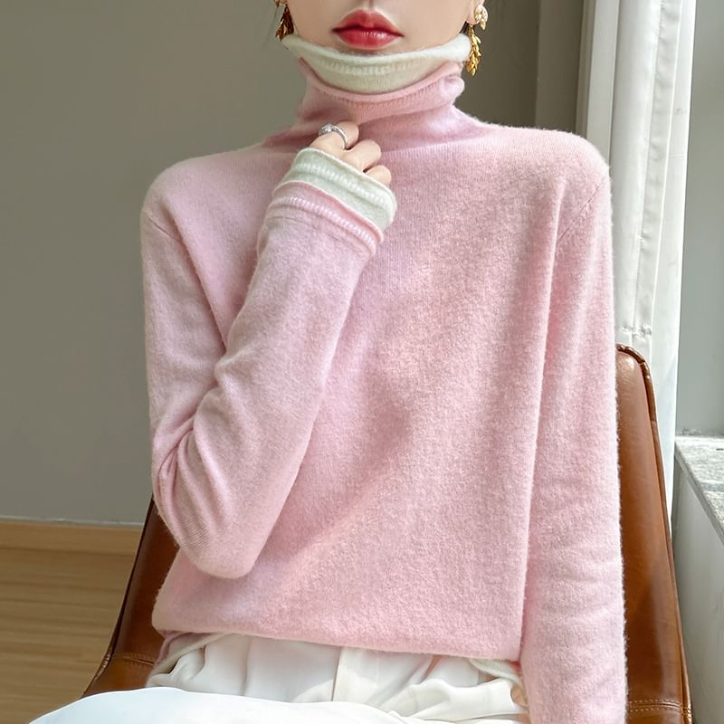 Mock Two-Piece Turtleneck Long-Sleeved Knit Top