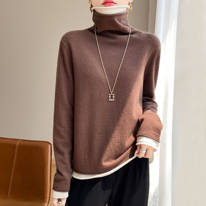 Mock Two-Piece Turtleneck Long-Sleeved Knit Top
