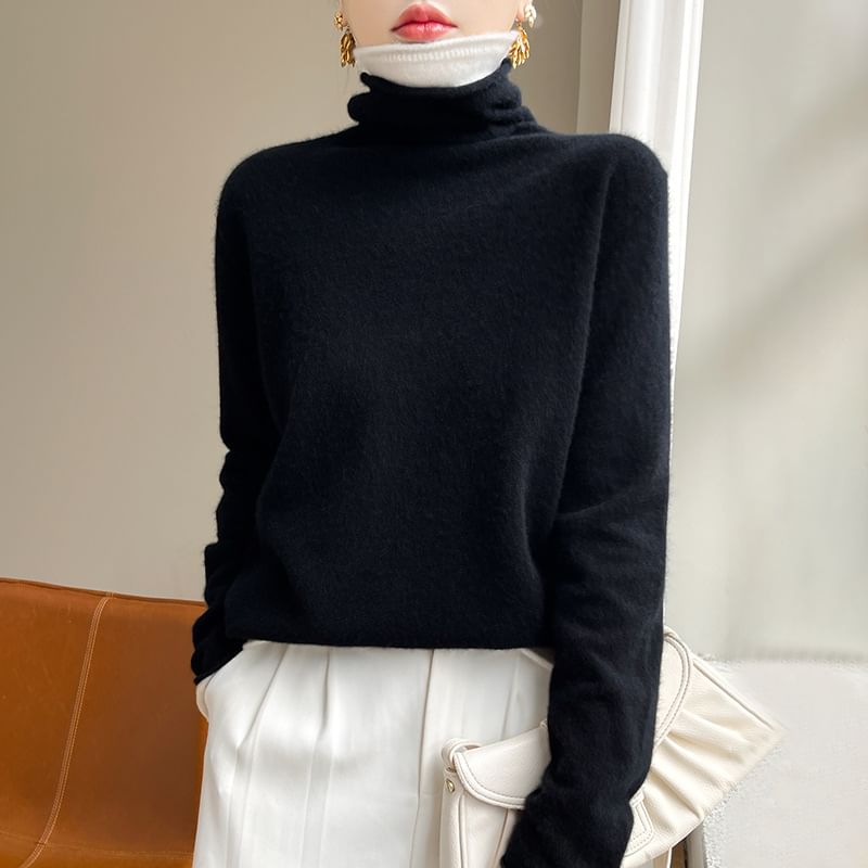 Mock Two-Piece Turtleneck Long-Sleeved Knit Top