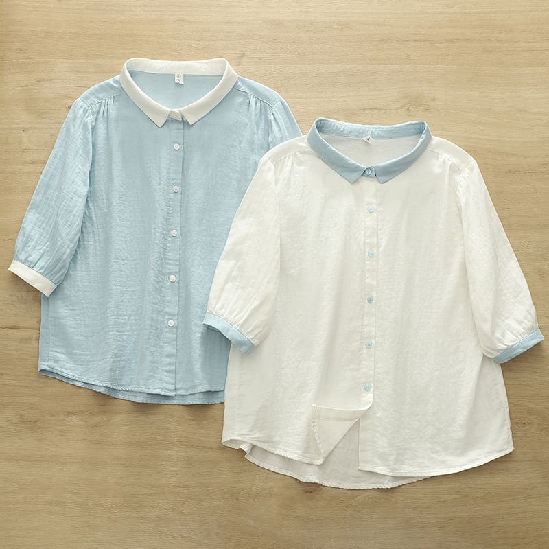 Elbow-Sleeved Contrast-Trimmed Plain Blouse
