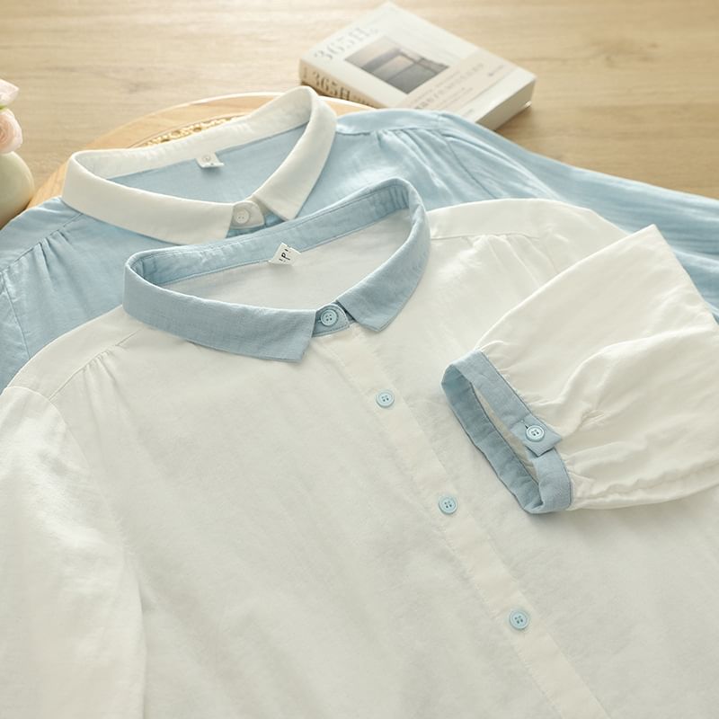 Elbow-Sleeved Contrast-Trimmed Plain Blouse