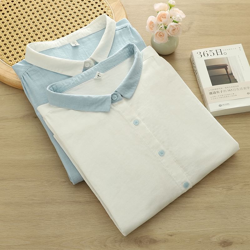 Elbow-Sleeved Contrast-Trimmed Plain Blouse