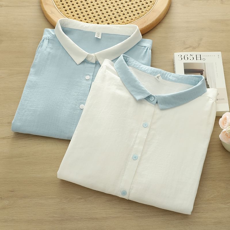 Elbow-Sleeved Contrast-Trimmed Plain Blouse