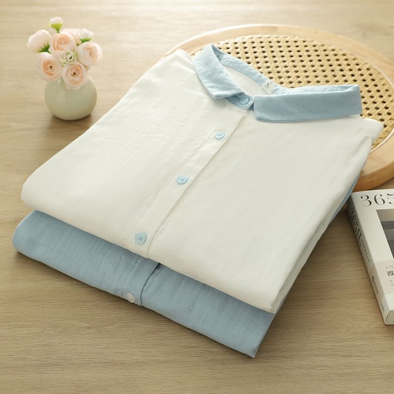 Elbow-Sleeved Contrast-Trimmed Plain Blouse