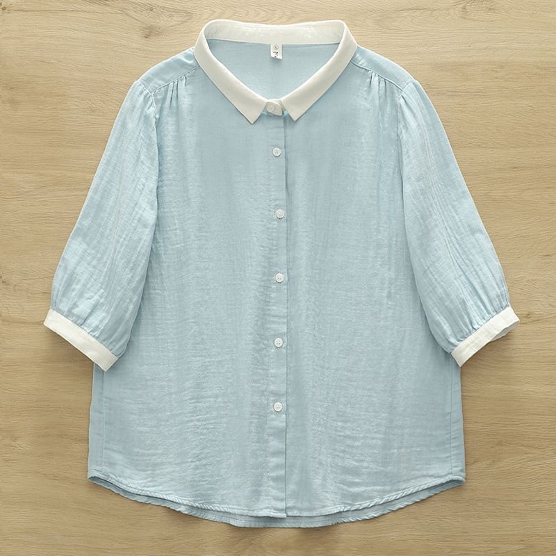 Elbow-Sleeved Contrast-Trimmed Plain Blouse