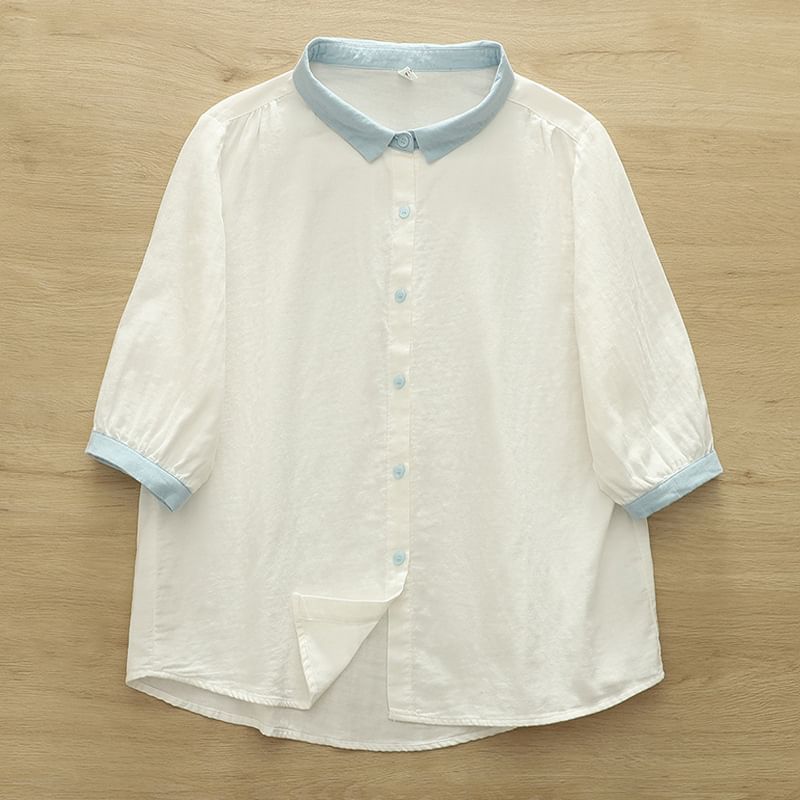 Elbow-Sleeved Contrast-Trimmed Plain Blouse